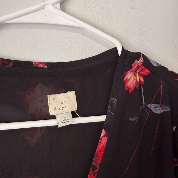 Floral V-Neck Chiffon Blouse A New Day L Black Red Pink Floral Print Long Sleeve - Picture 4 of 9